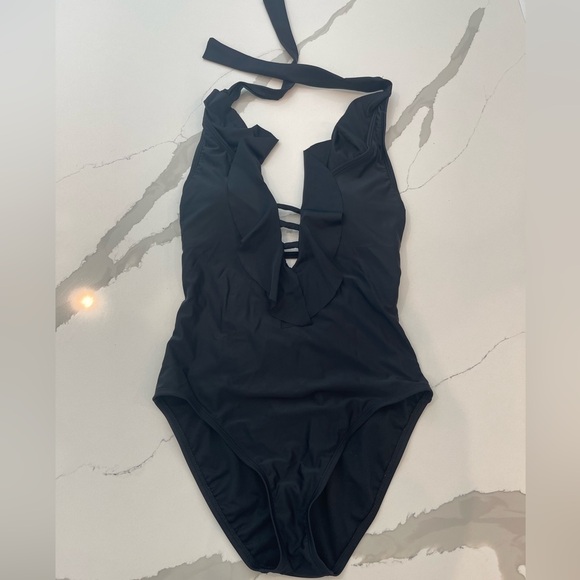 Bleu Rod Beattie Black Deep Ruffle Plunge Bathing Suit - Picture 3 of 4